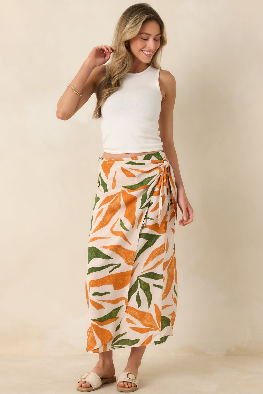 Cabana Chic Beige Tropical Print Midi Wrap Skirt