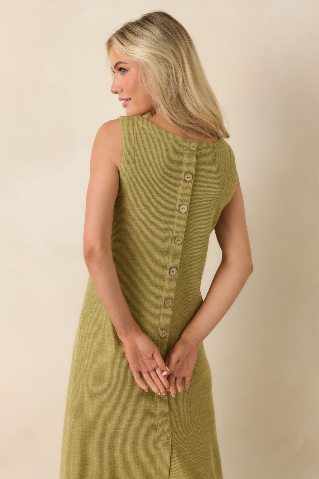 Soft Horizons Olive Green Rib Knit Button Back Midi Dress