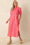 She’s Electric Pink & Red Stripe Cotton Puff Sleeve Midi Dress