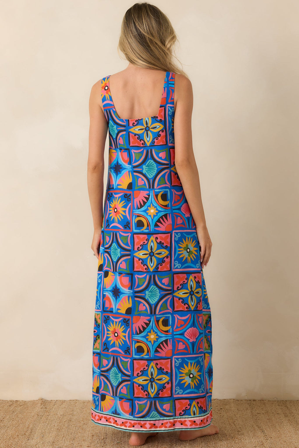 Paradisa Nerissa Blue Mediterranean Tile Print Linen Blend Maxi Dress