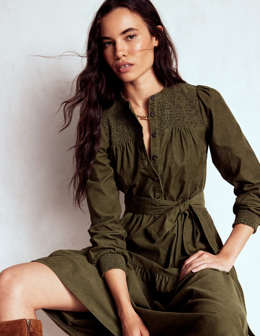Cecily Cord Midi Dress-Woodland Green