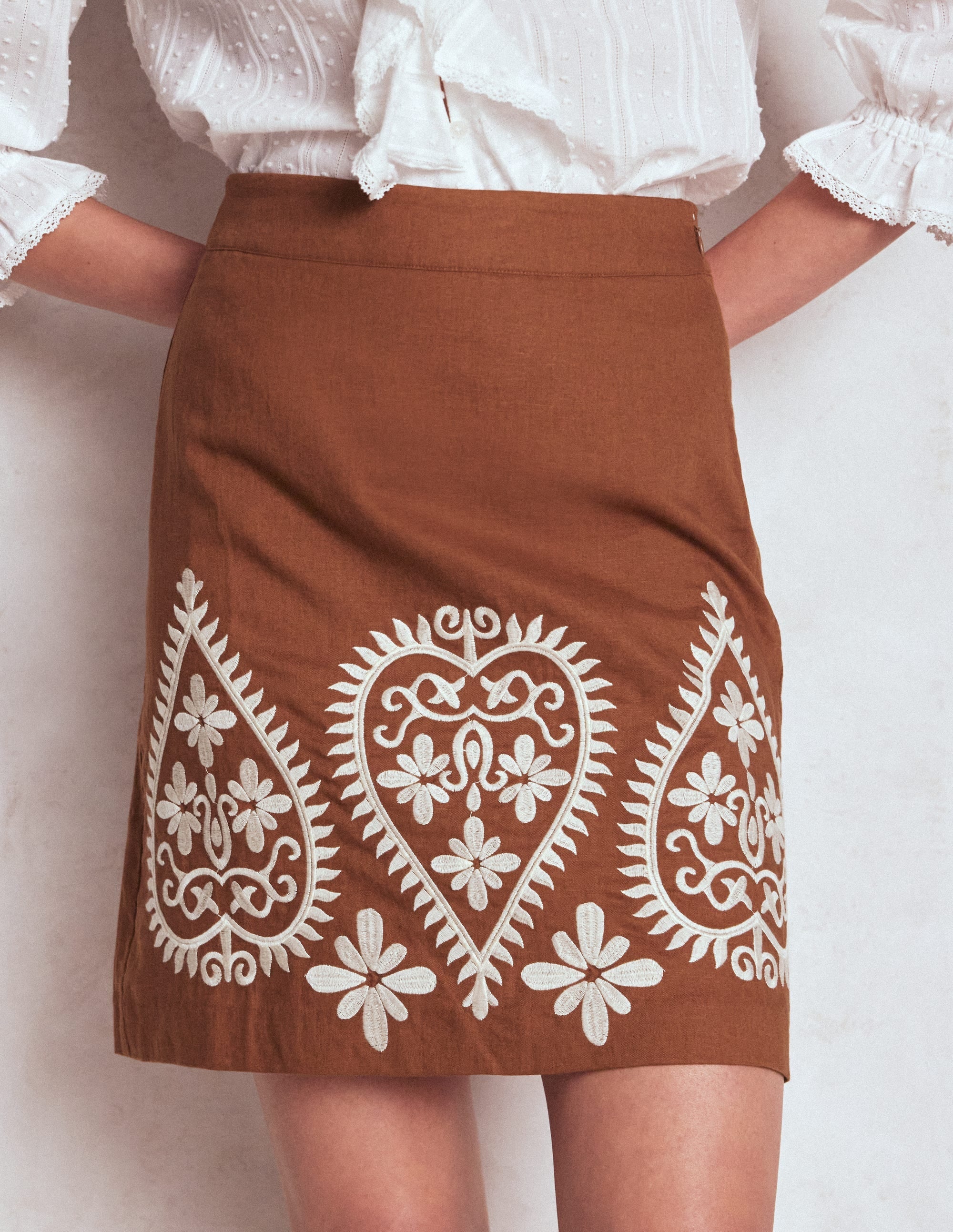 Embroidered Linen Skirt-Russet