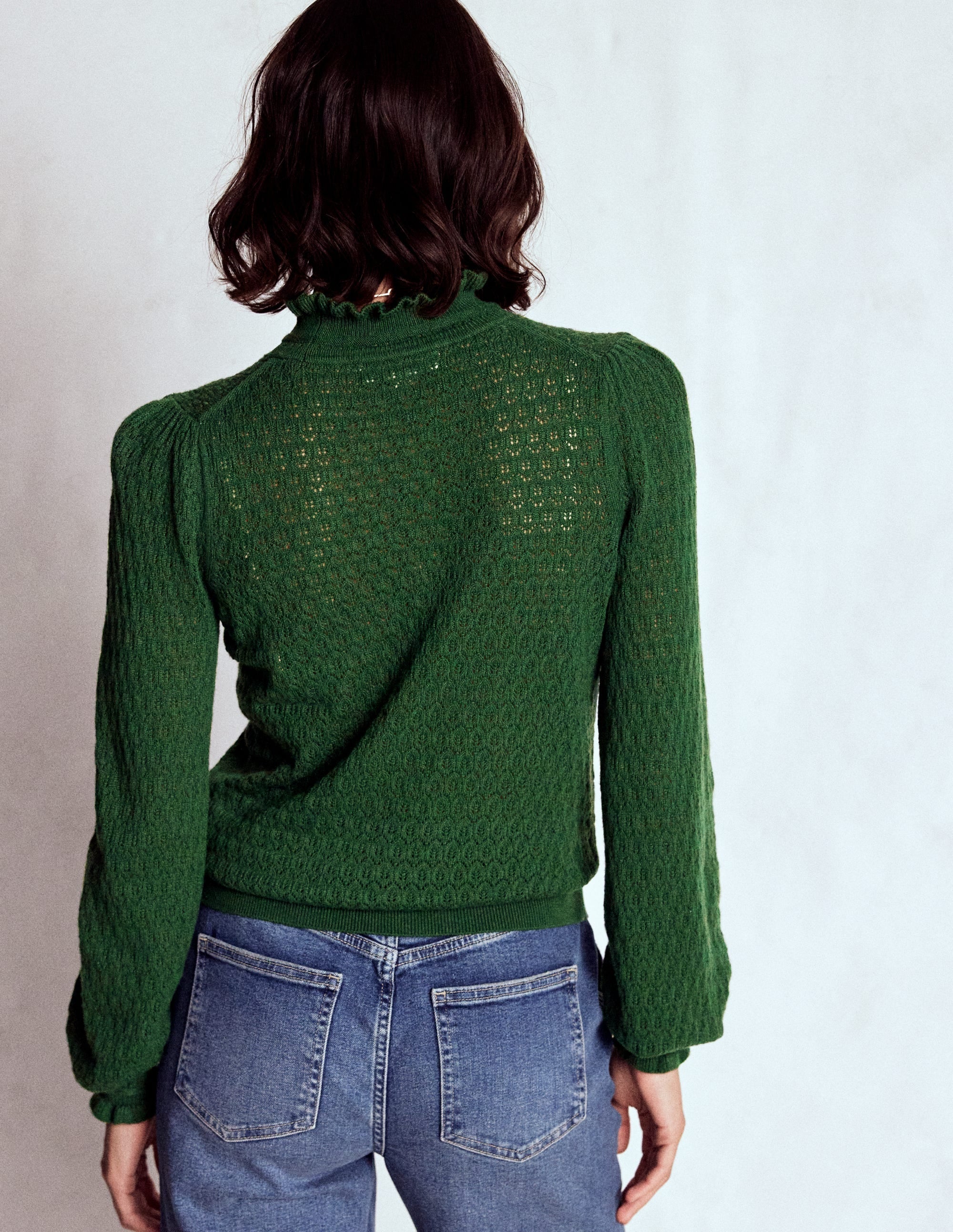 Pointelle Ruffle Sweater-Hunter Green