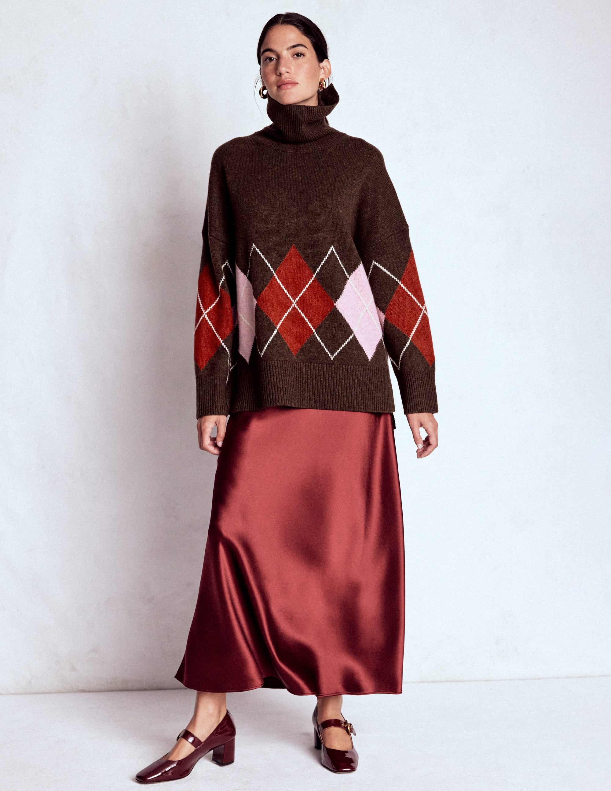 Polly Merino Roll Neck Sweater-Brown, Pink Argyle