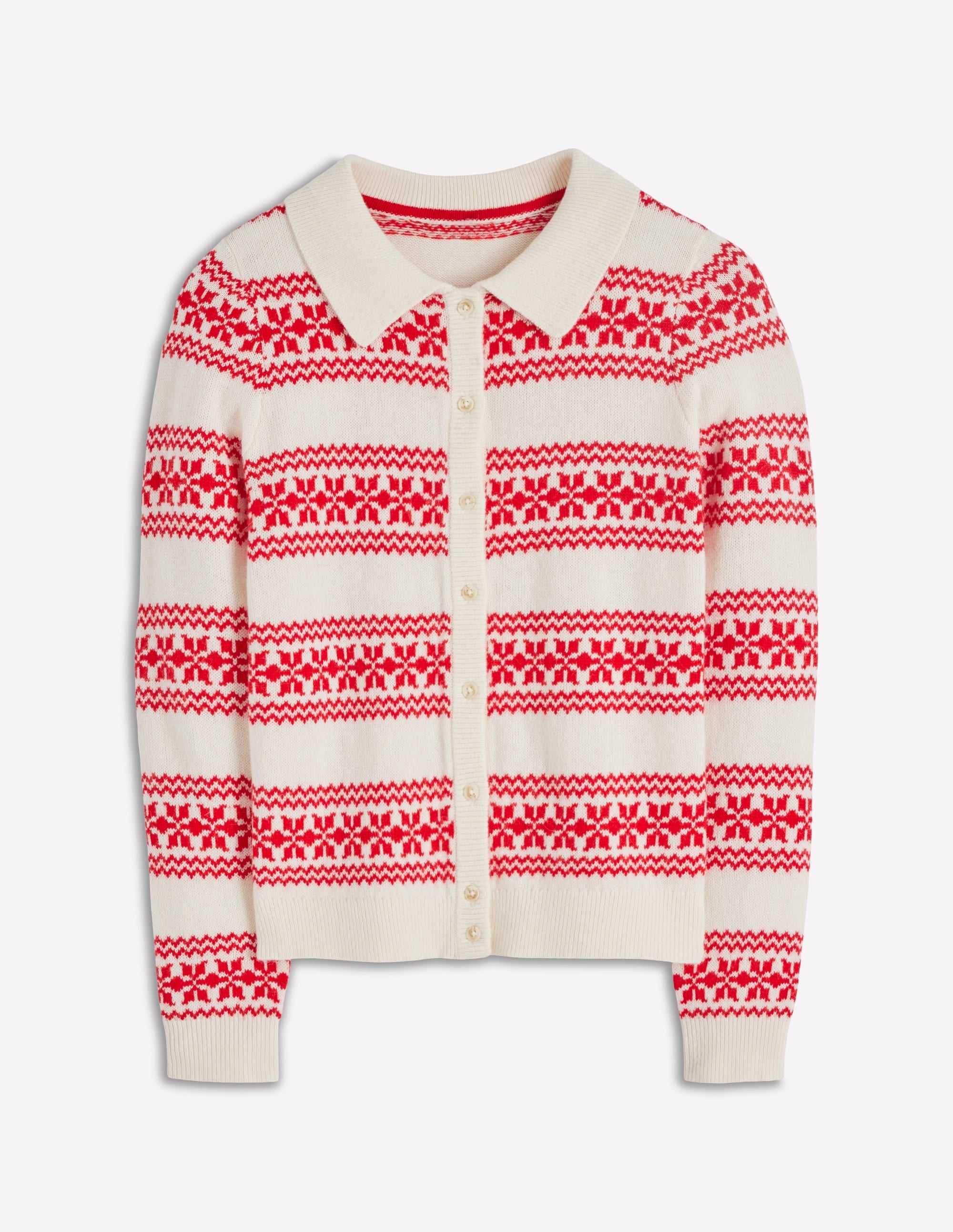 Edie Fair Isle Knitted Shirt-Warm Ivory, Red Fair Isle