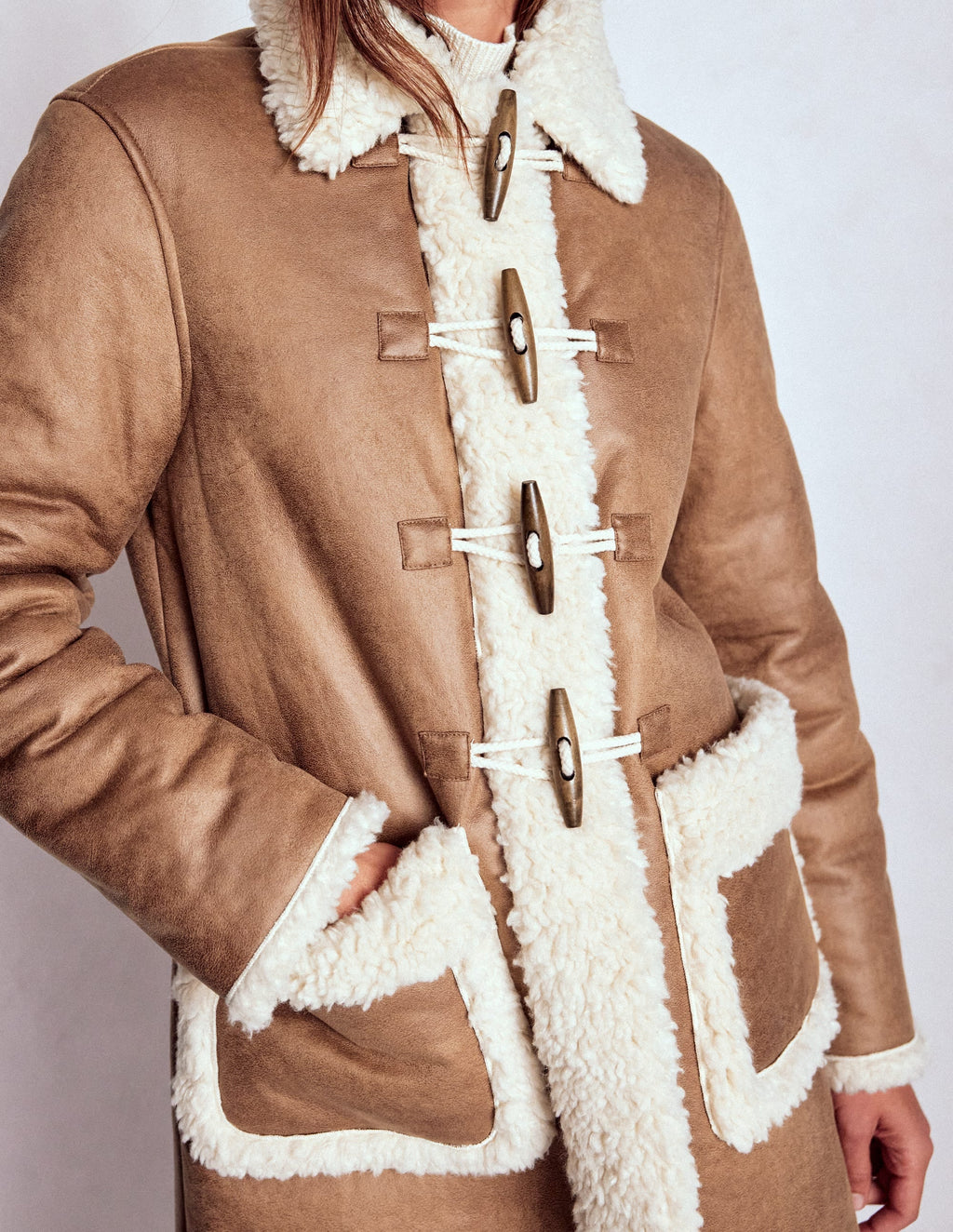 Borg Duffle Coat-Camel, Natural Borg