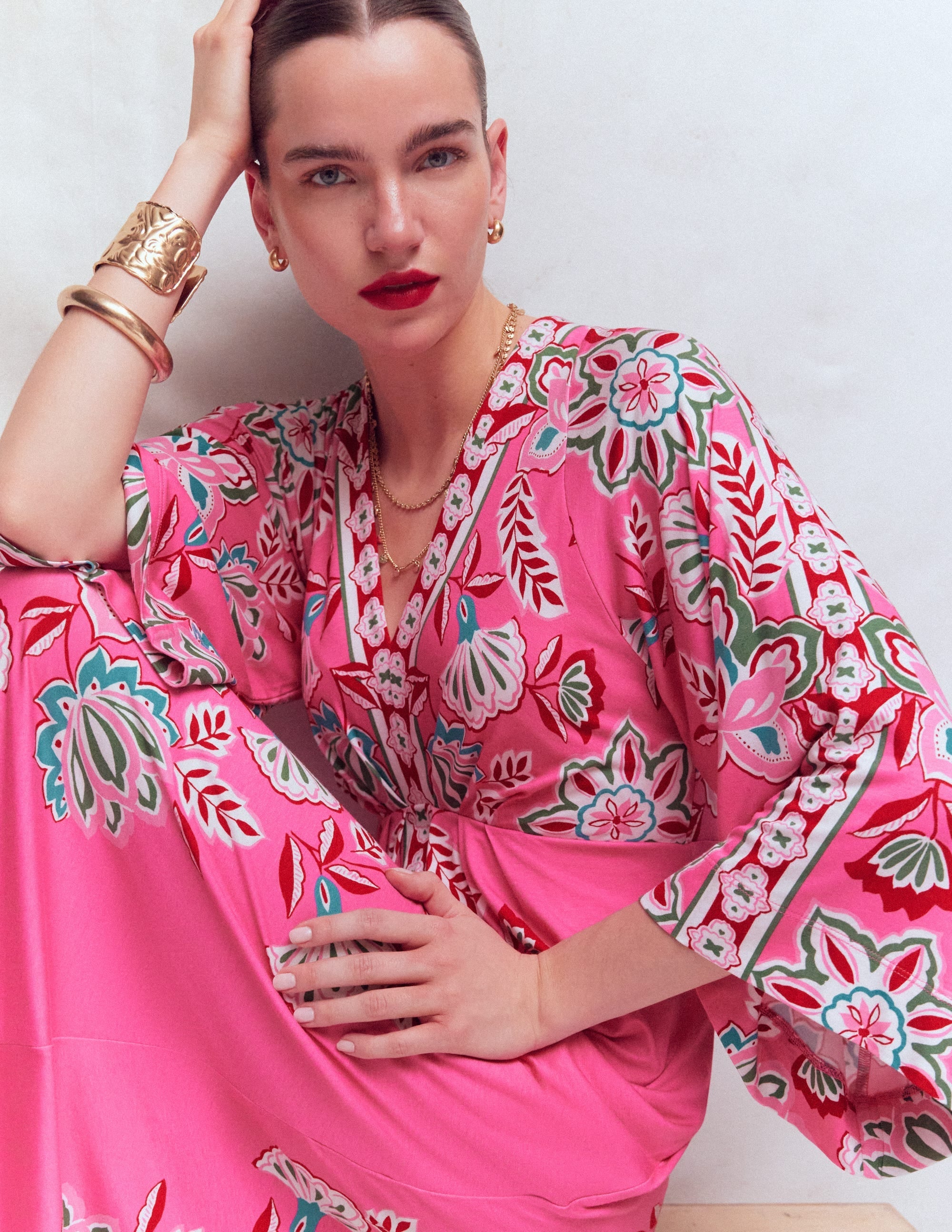 Nell Kimono Midi Jersey Dress-Pink, Blossom Elegance