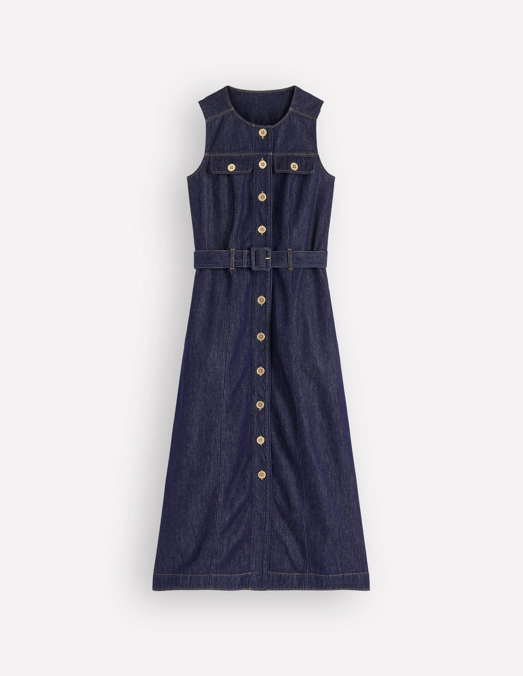 Gold Button Denim Midi Dress-Indigo