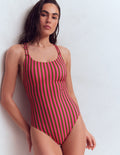 Twist Strap Swimsuit-Pink, Khaki Stripe