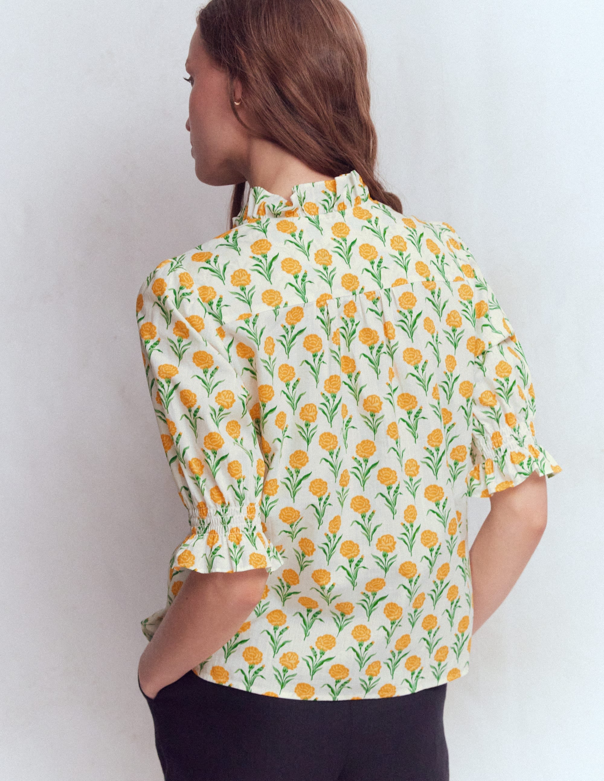 Heather Smocked Sleeve Top-Marigold, Carnation Stems