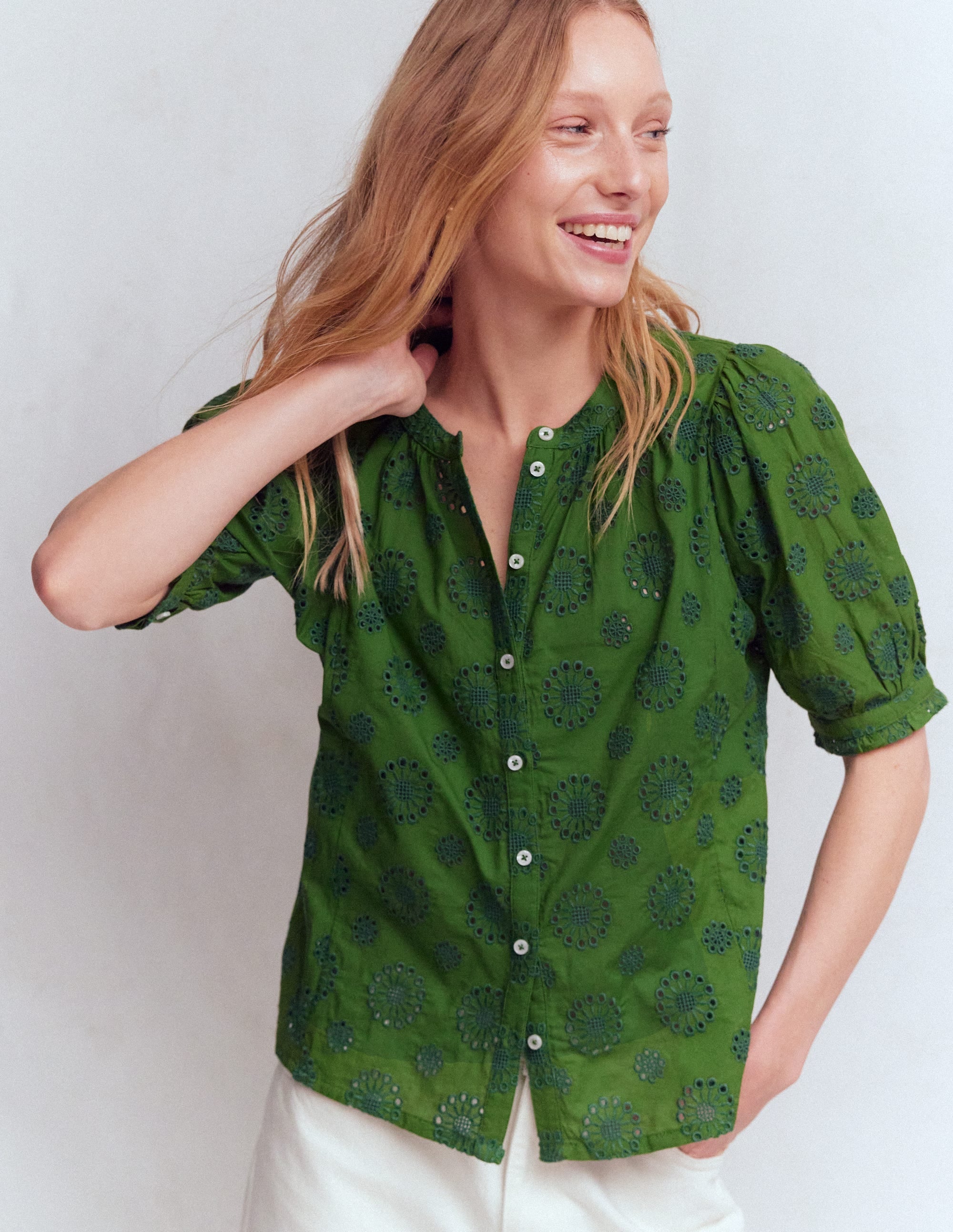 Camille Embroidered Cotton Top-Promenade Green Broderie
