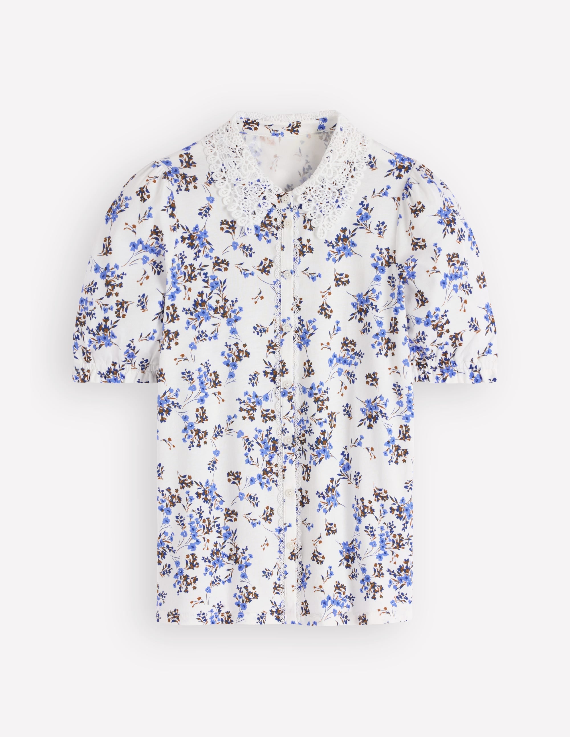 Nessa Broderie Collar Blouse-Ivory, Blue Bloom Scatter