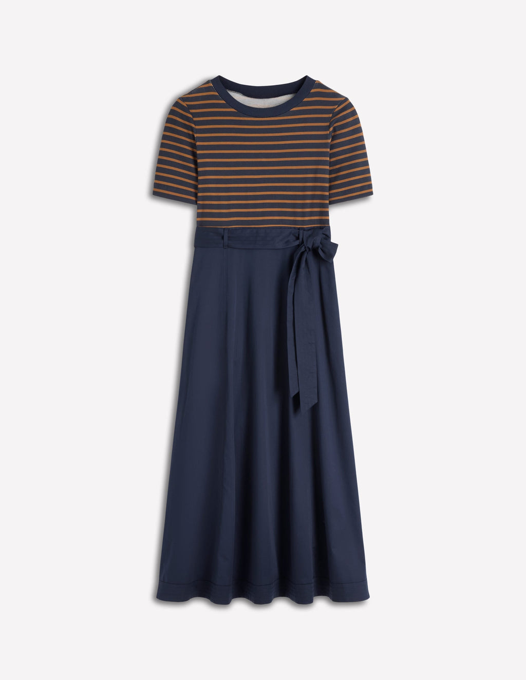Crew Neck Mix Media Dress-Navy and Gingerbread Stripe