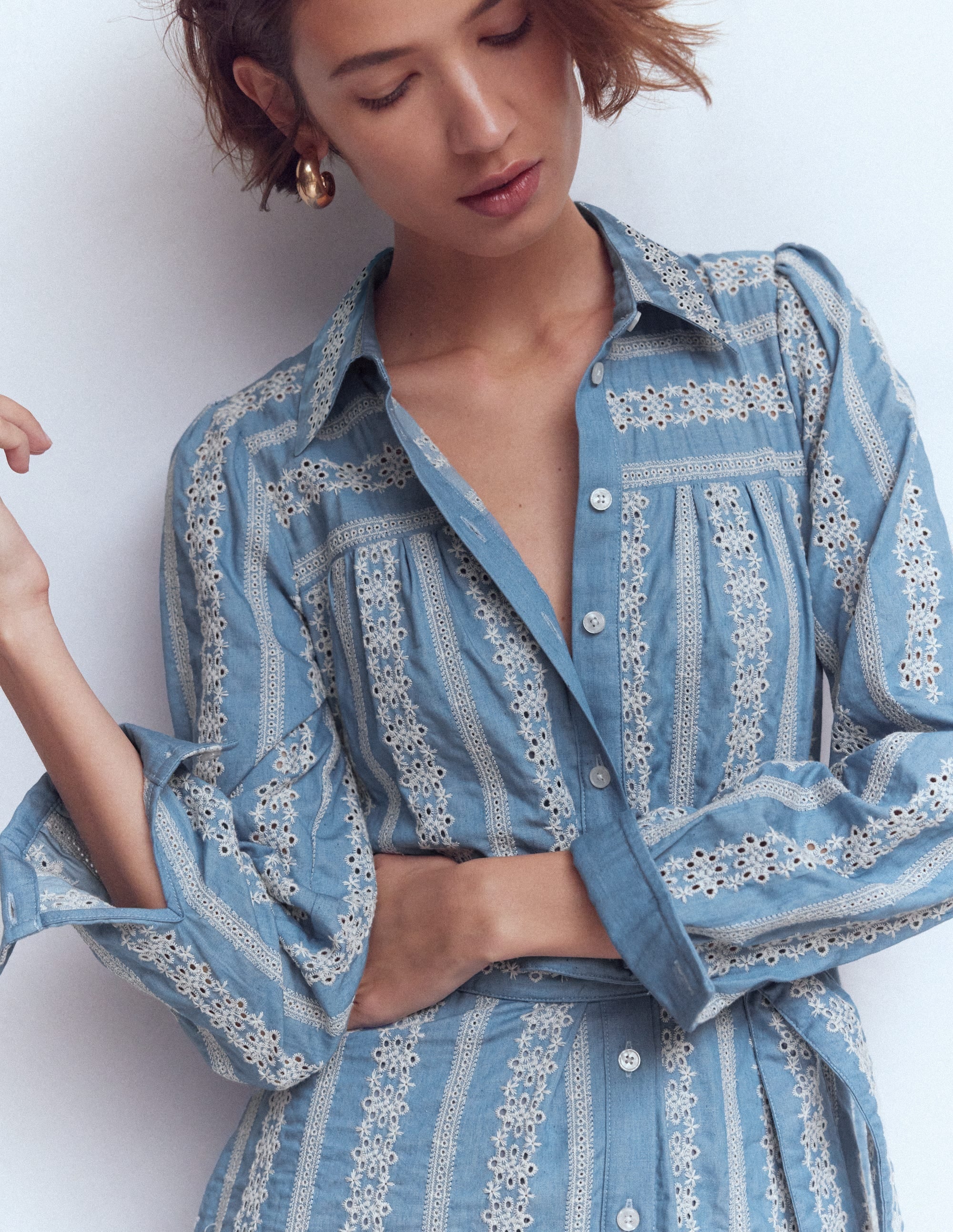 Ellie Cotton Maxi Shirt Dress-Broderie Denim