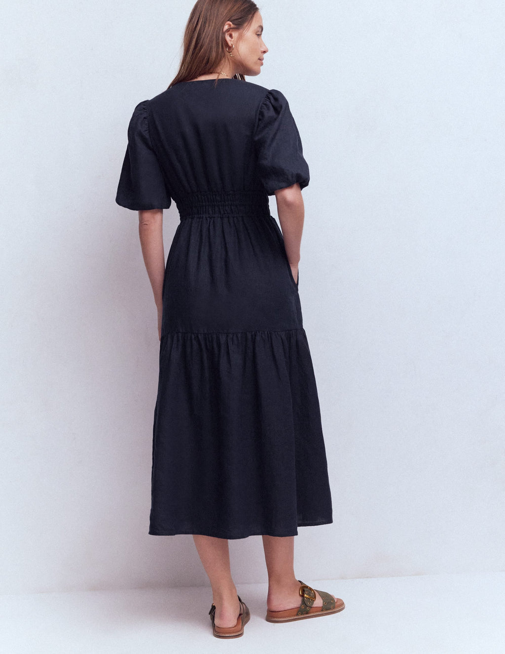 Irene Linen Midi Dress-Navy