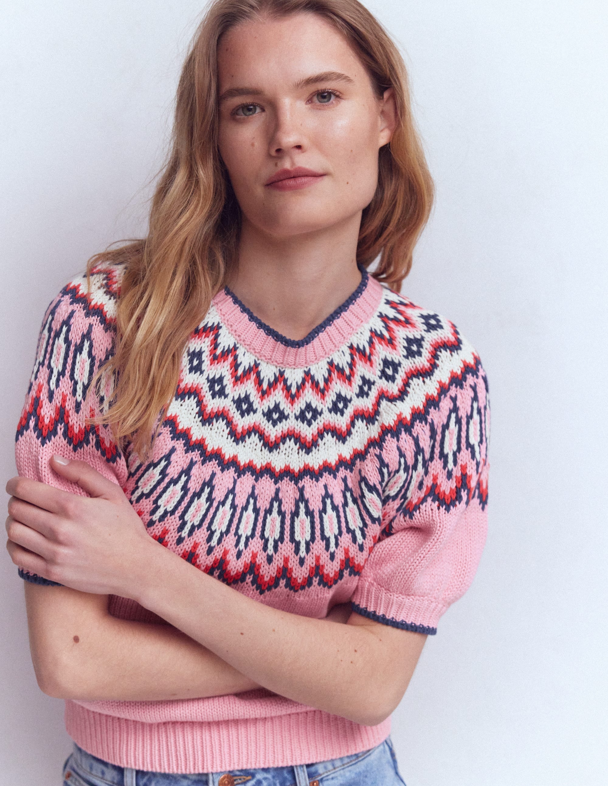 Margot Puff Sleeve T-Shirt-Almond Pink Fair Isle