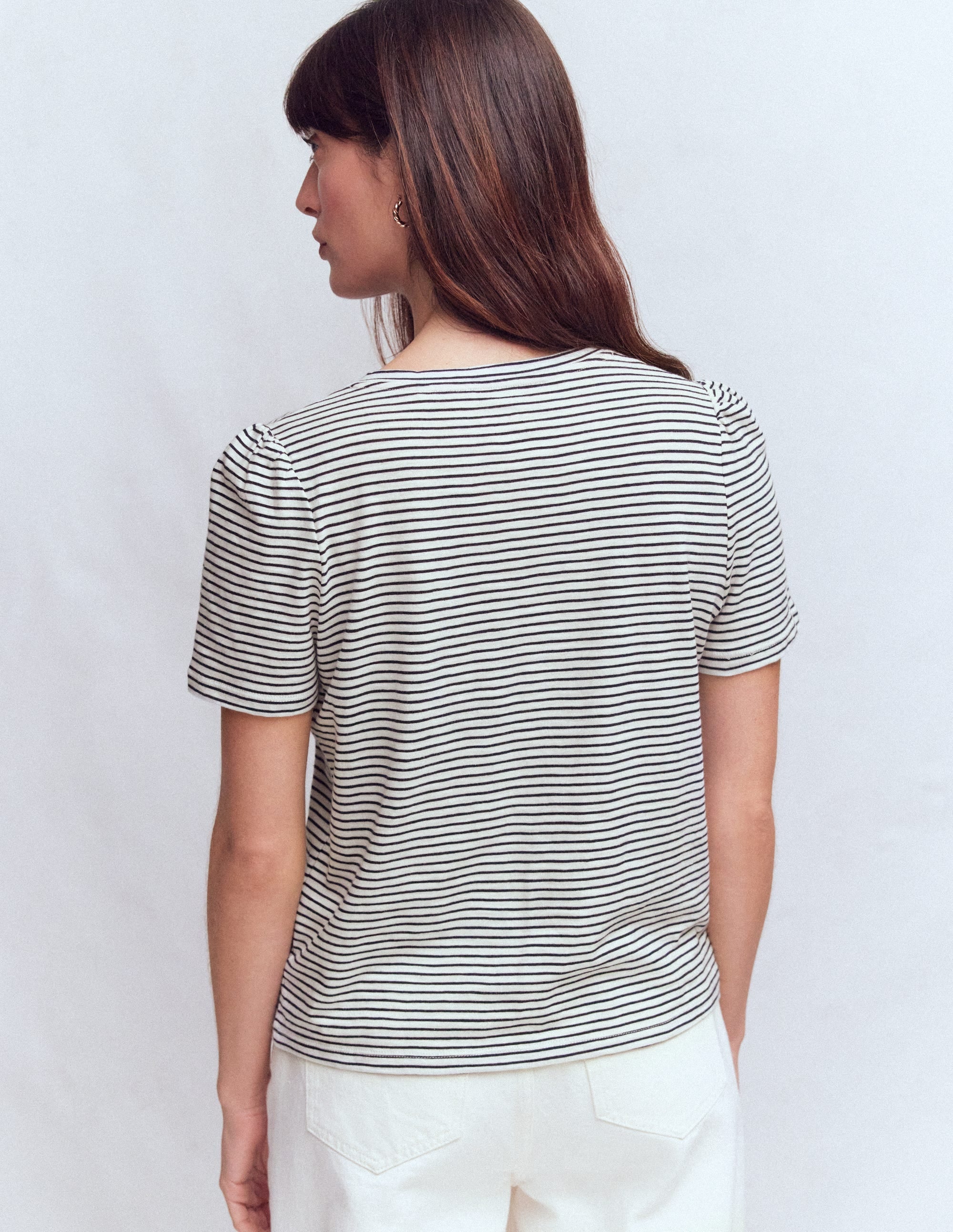 Sophie V-neck Slub T-shirt-Ivory, Navy Stripe