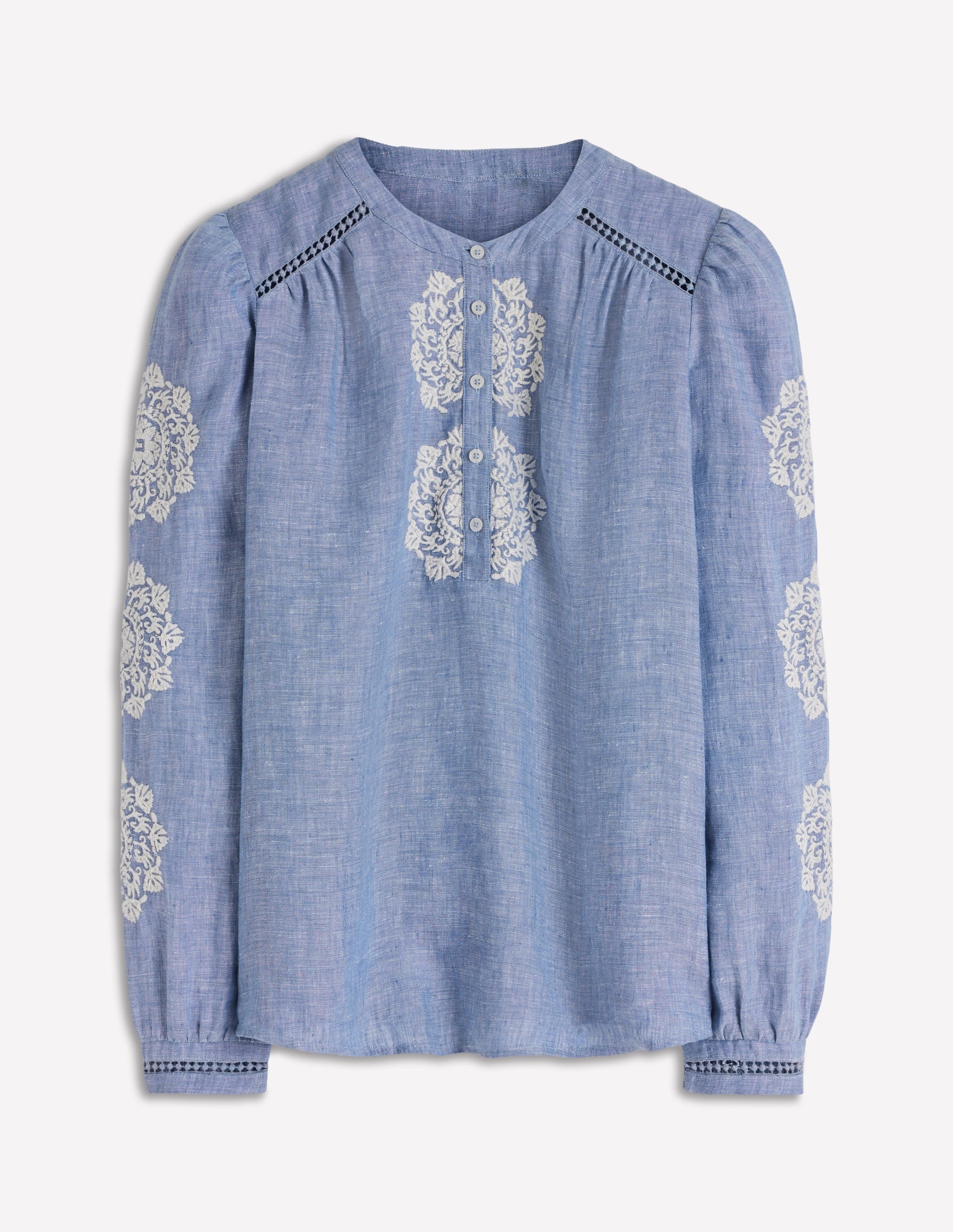 Embroidered Trim Interest Top-Chambray