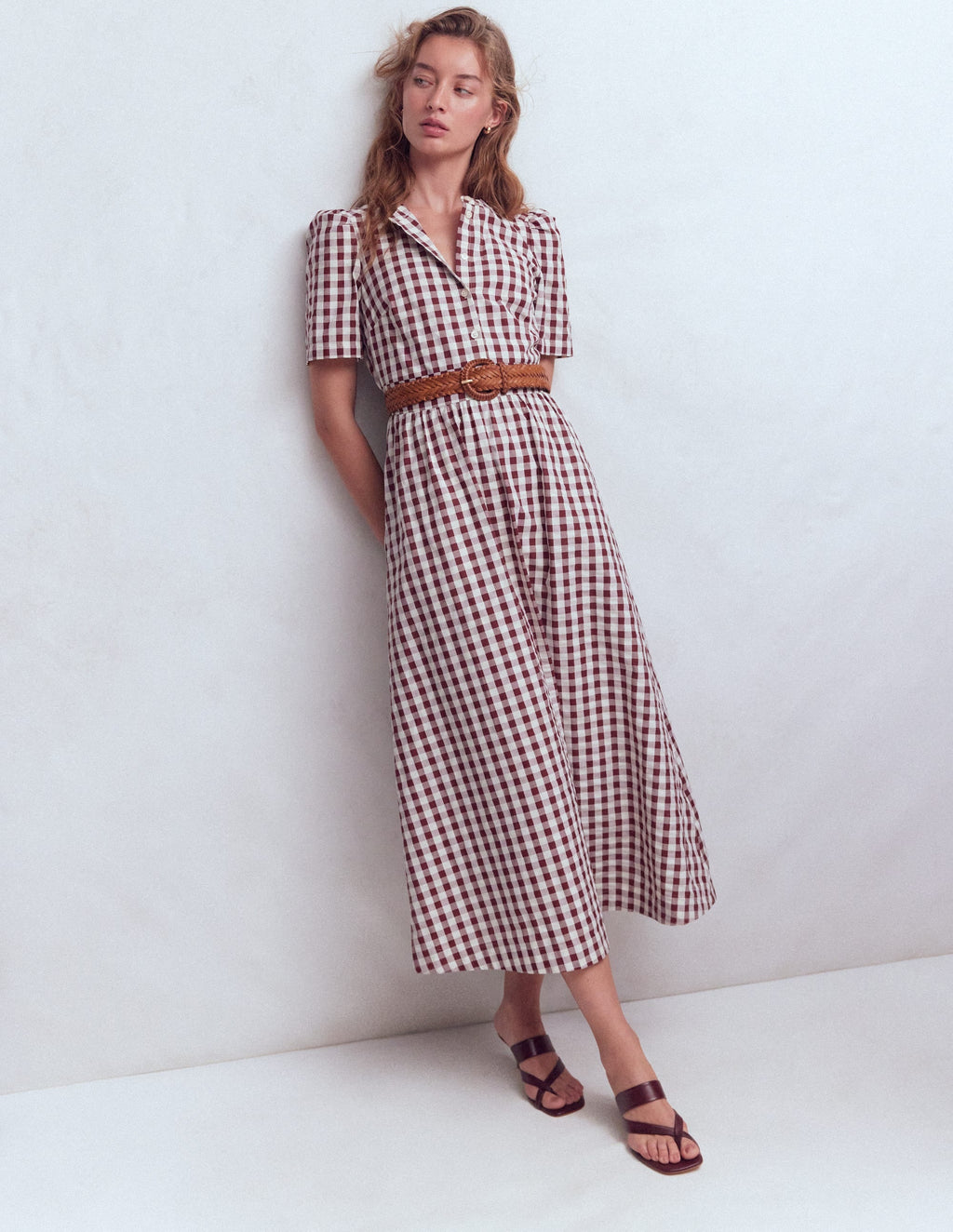 Ivy Button Cotton Midi Dress-Gingham