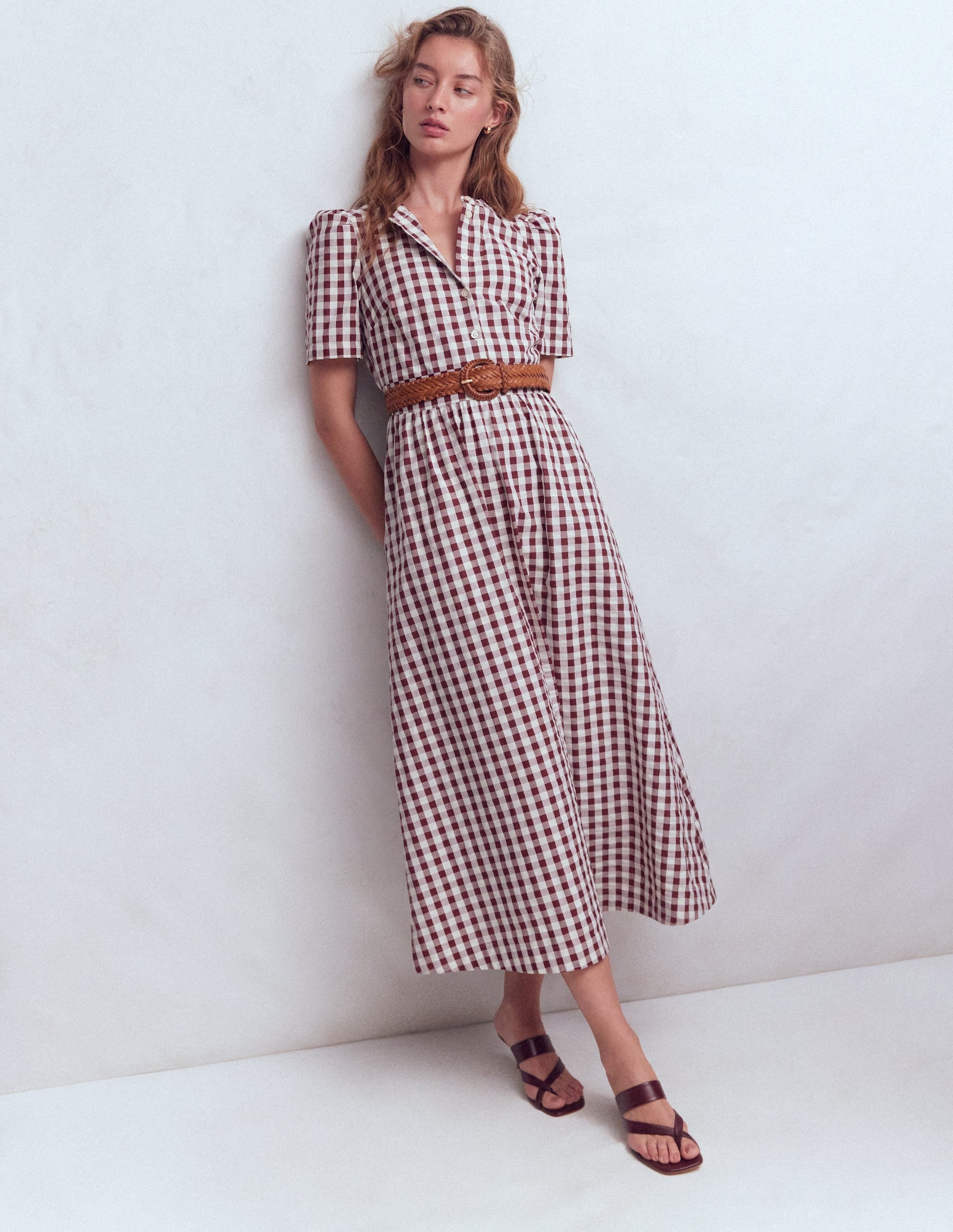 Ivy Button Cotton Midi Dress-Gingham