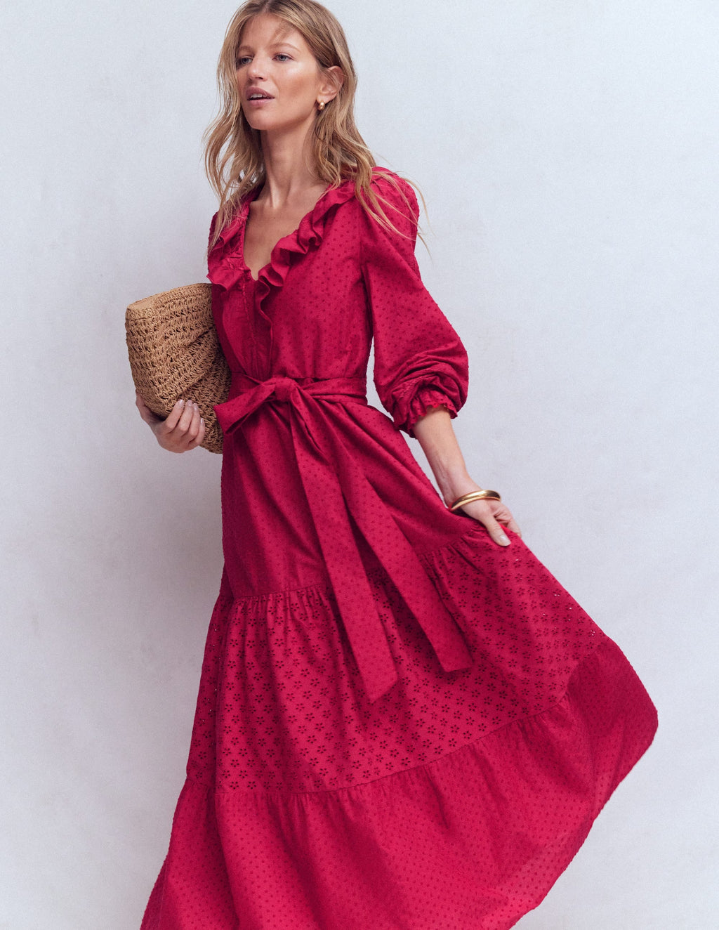 Ruffle Front Cotton Dress-Persian Red