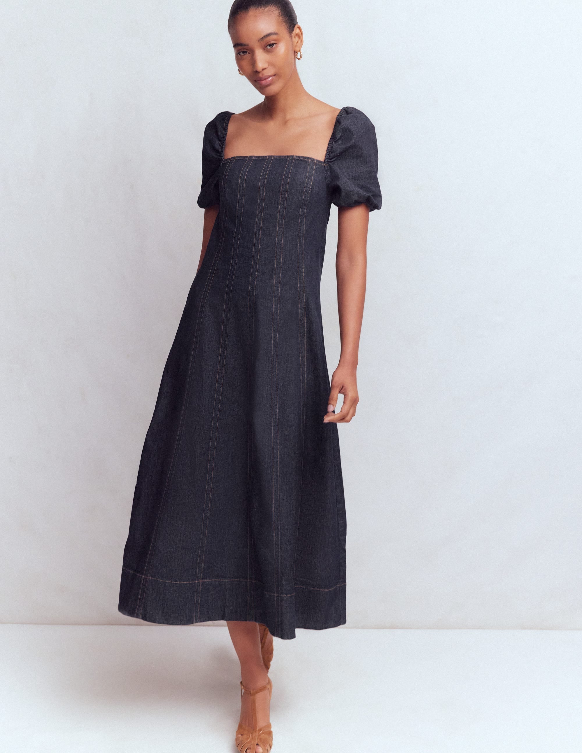Puff Sleeve Denim Dress-Indigo