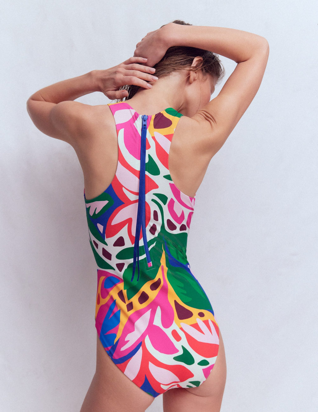Sporty High Neck Swimsuit-Multi, Leafy Cascade