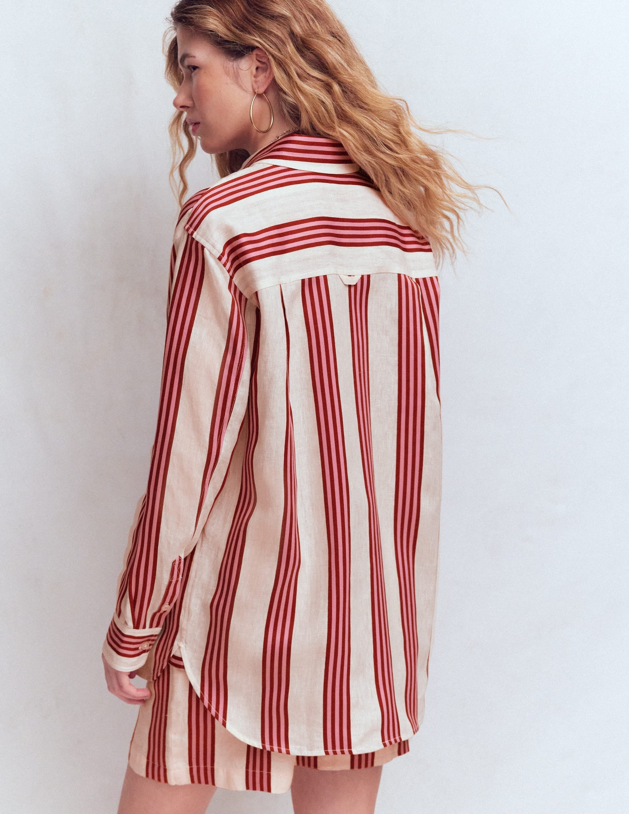 Sadie Relaxed Linen Shirt-Ivory, Brown, Pink Stripe