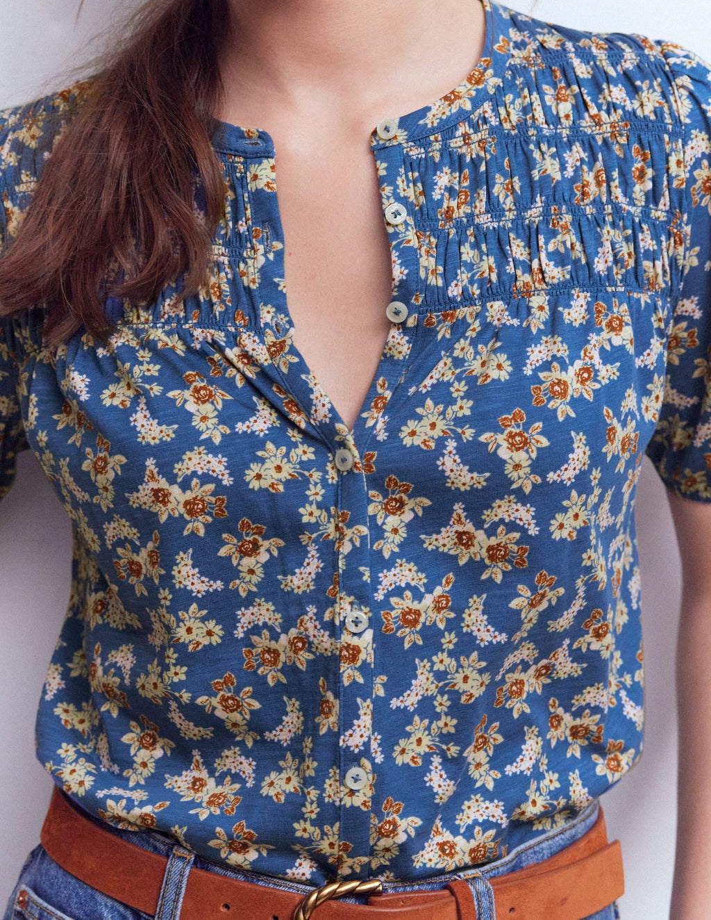 Mya Short Sleeve Smocked Shirt-True Navy, Dainty Blooms