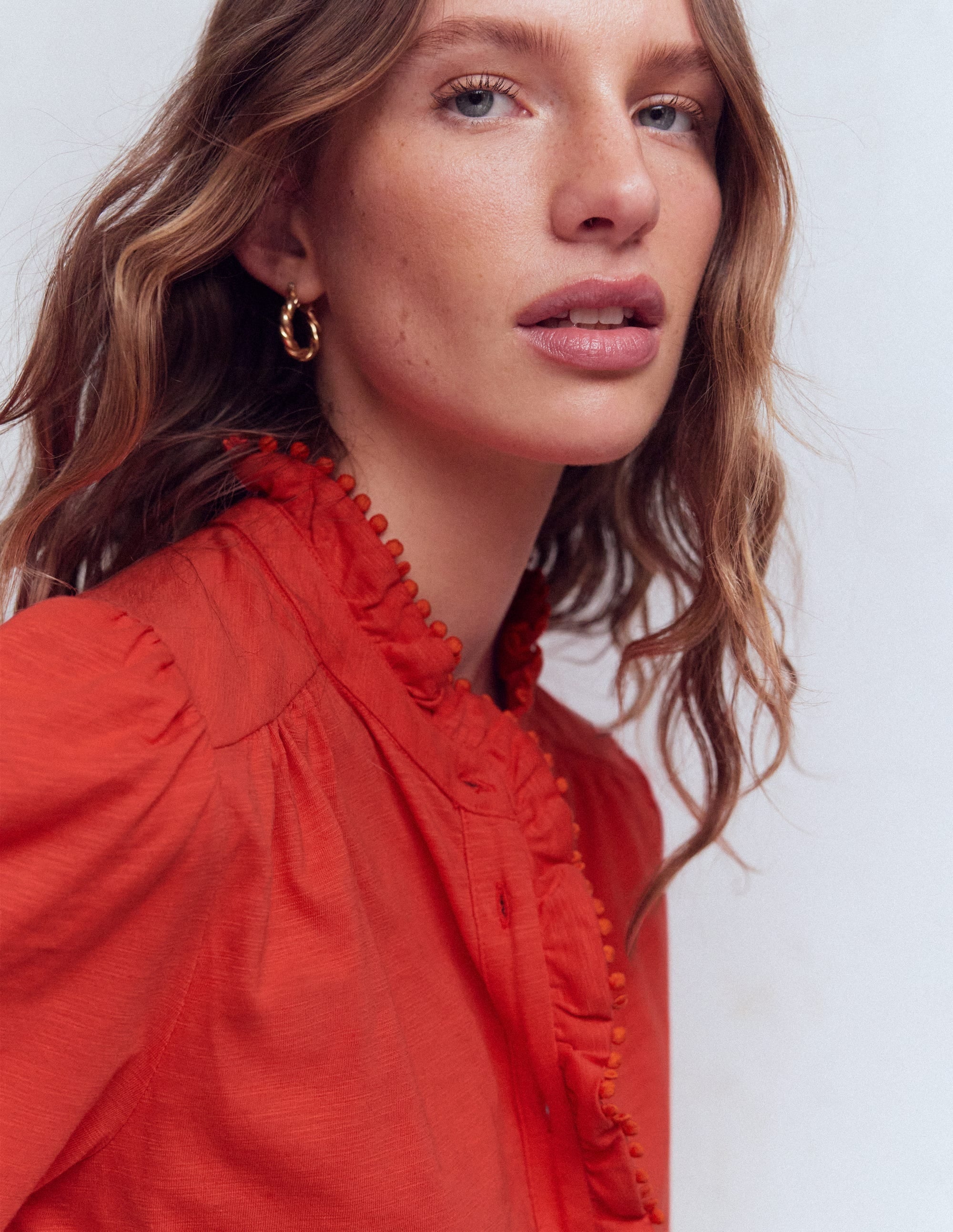 Emily Pom Trim Ruffle Shirt-Blood Orange