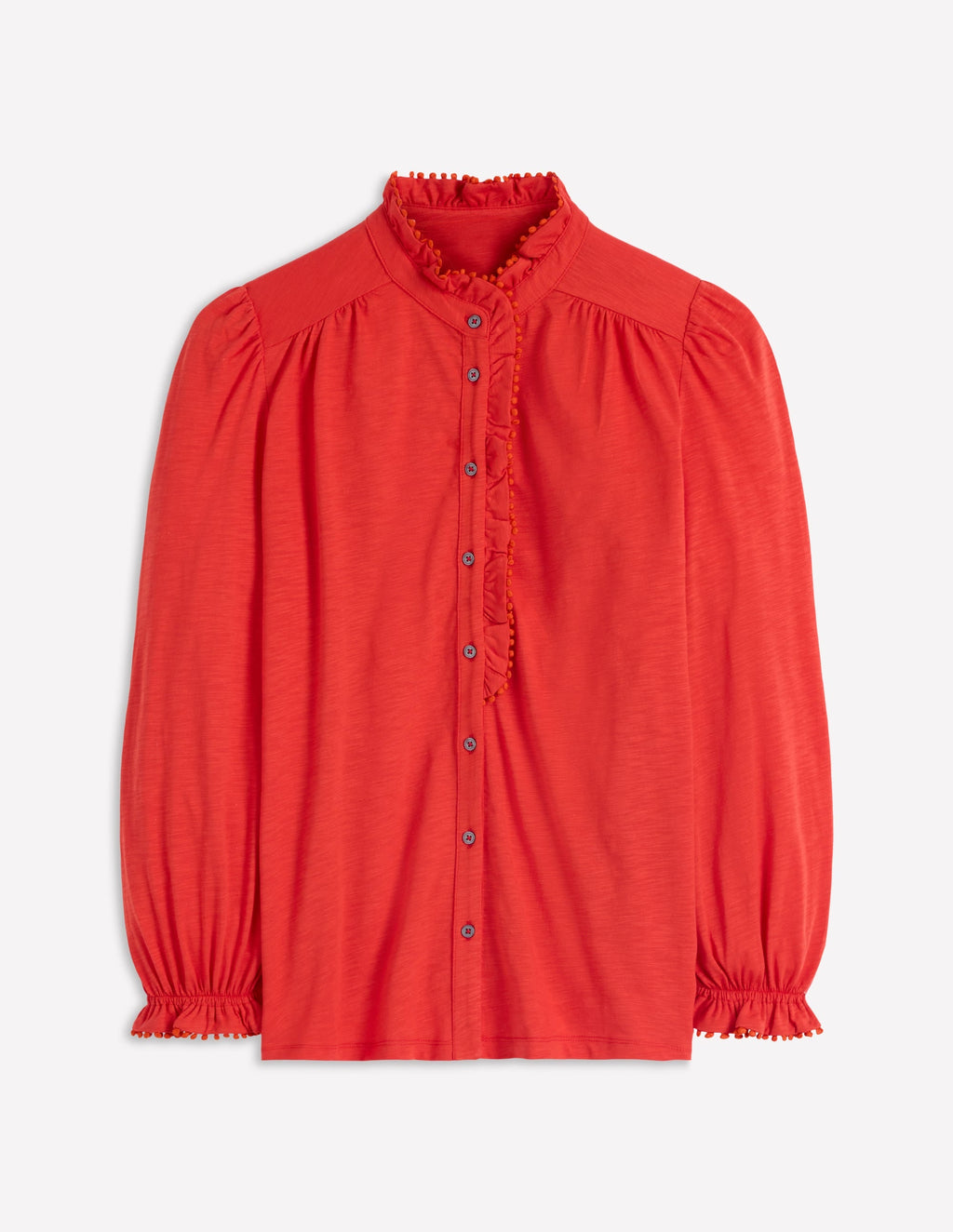 Emily Pom Trim Ruffle Shirt-Blood Orange