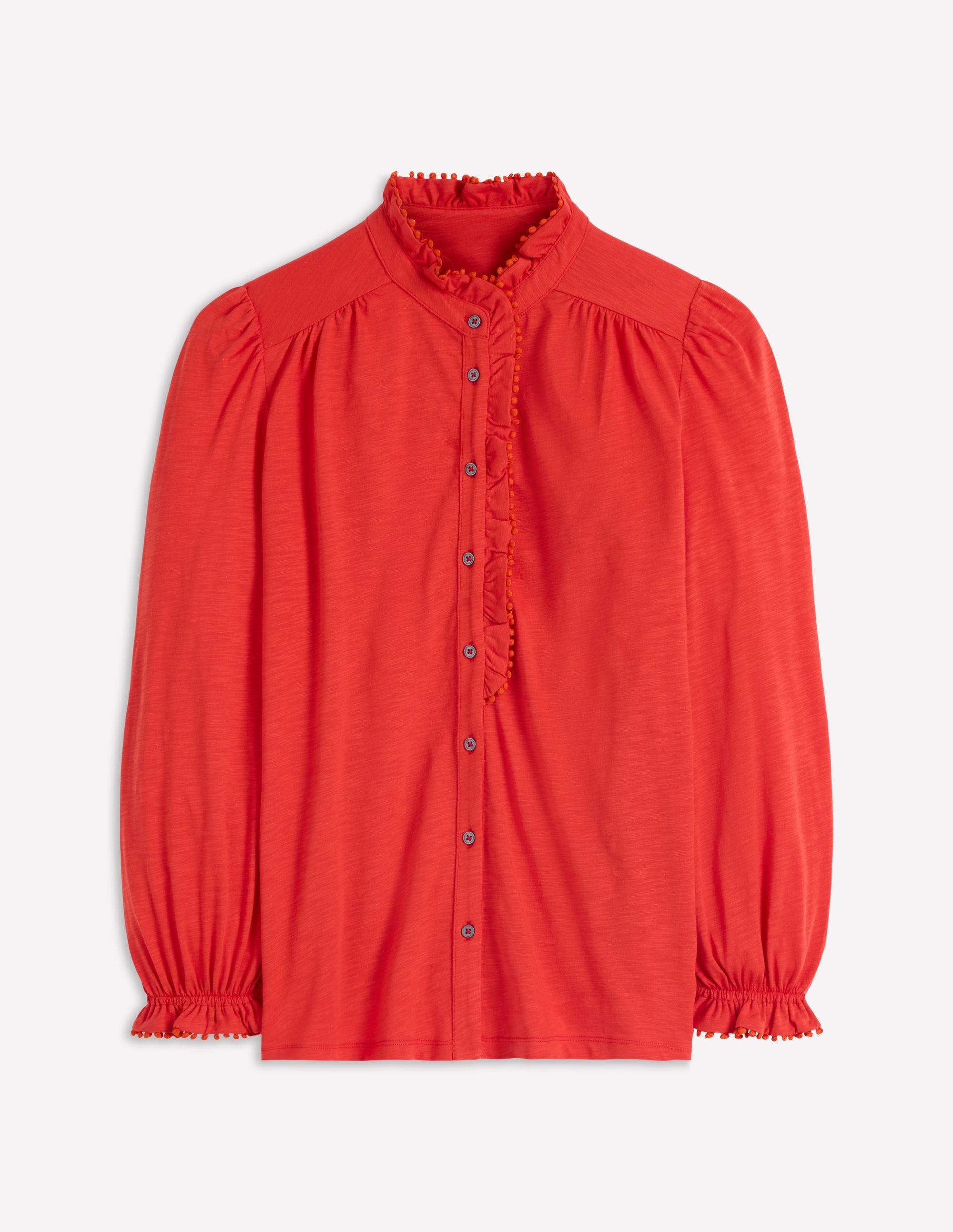 Emily Pom Trim Ruffle Shirt-Blood Orange