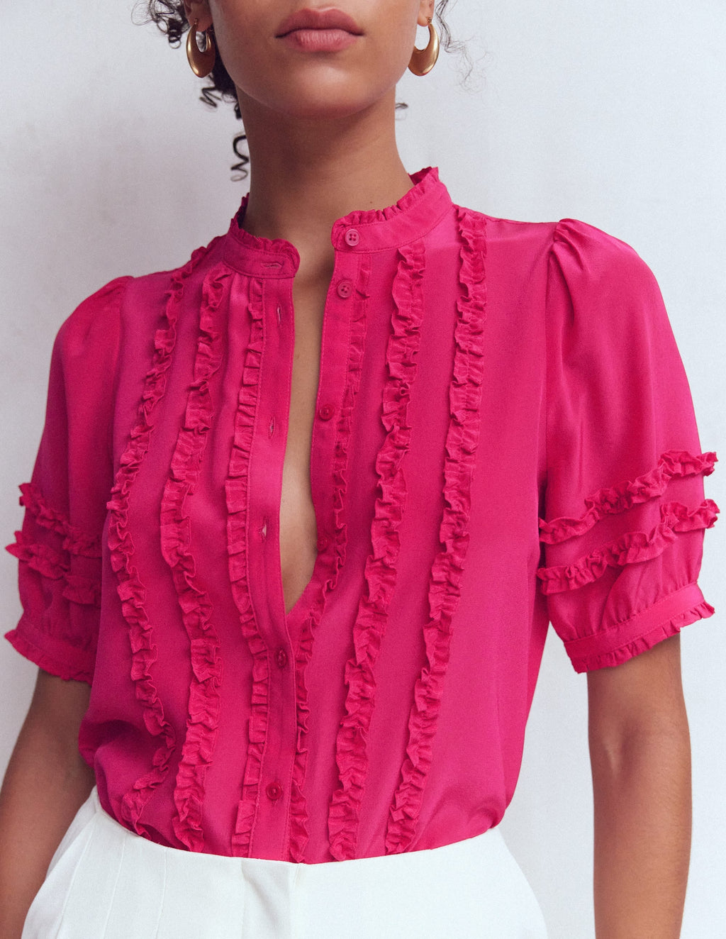 Short Sleeve Silk Ruffle Top-Vibrant Pink