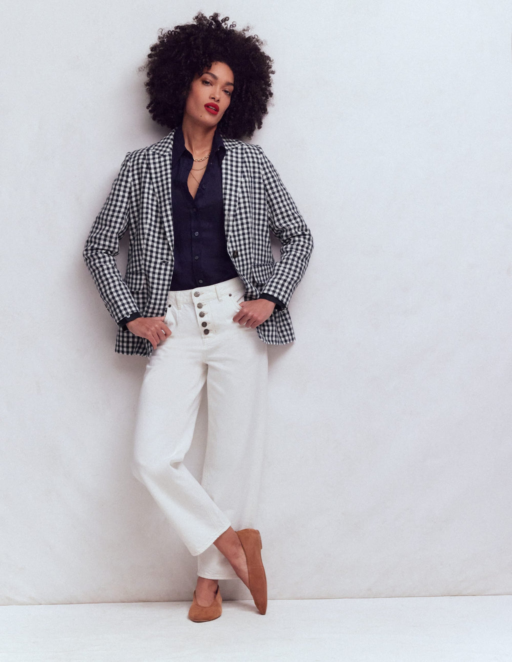 Woodbridge Linen Blazer-Navy, Ivory Gingham