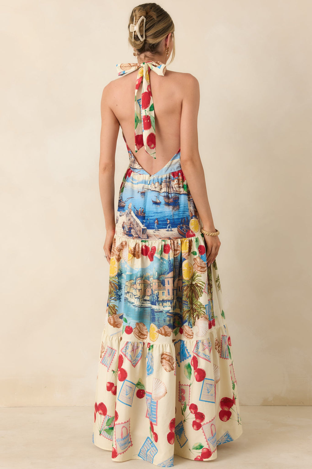 Market to Marina Ivory Multi Coastal Print Cotton Halter Maxi Dress