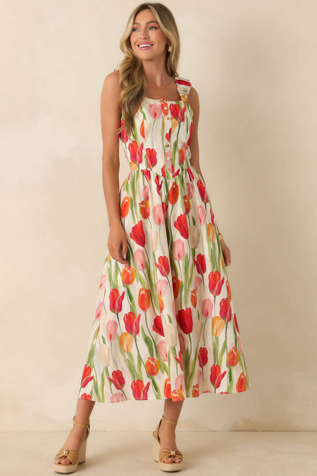 Courtyard Stroll Ivory & Red Multi Linen Blend Floral Midi Dress