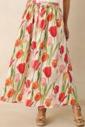 Garden District Ivory & Red Multi Linen Blend Floral Midi Skirt