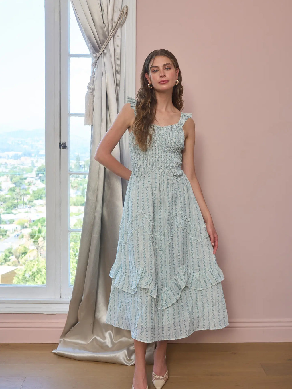 Smocked Ruffle Strap Midi Dress