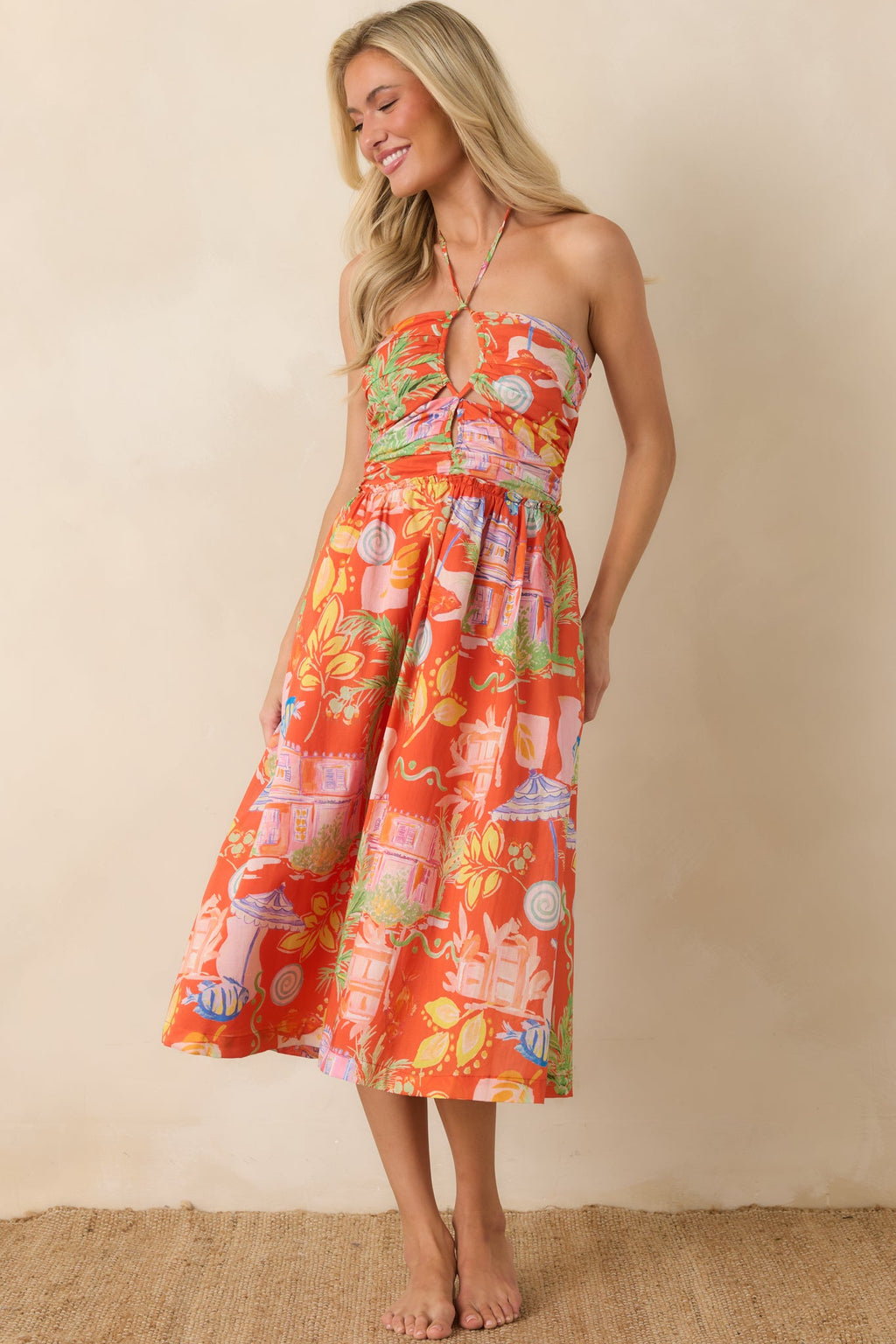 Paradisa Fernandina Orange Multi Cotton Tropical Print Midi Dress