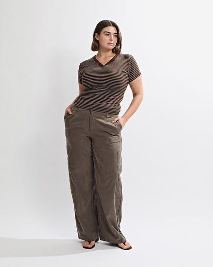 Zeya V Neck Tee Brown/Cream Stripe