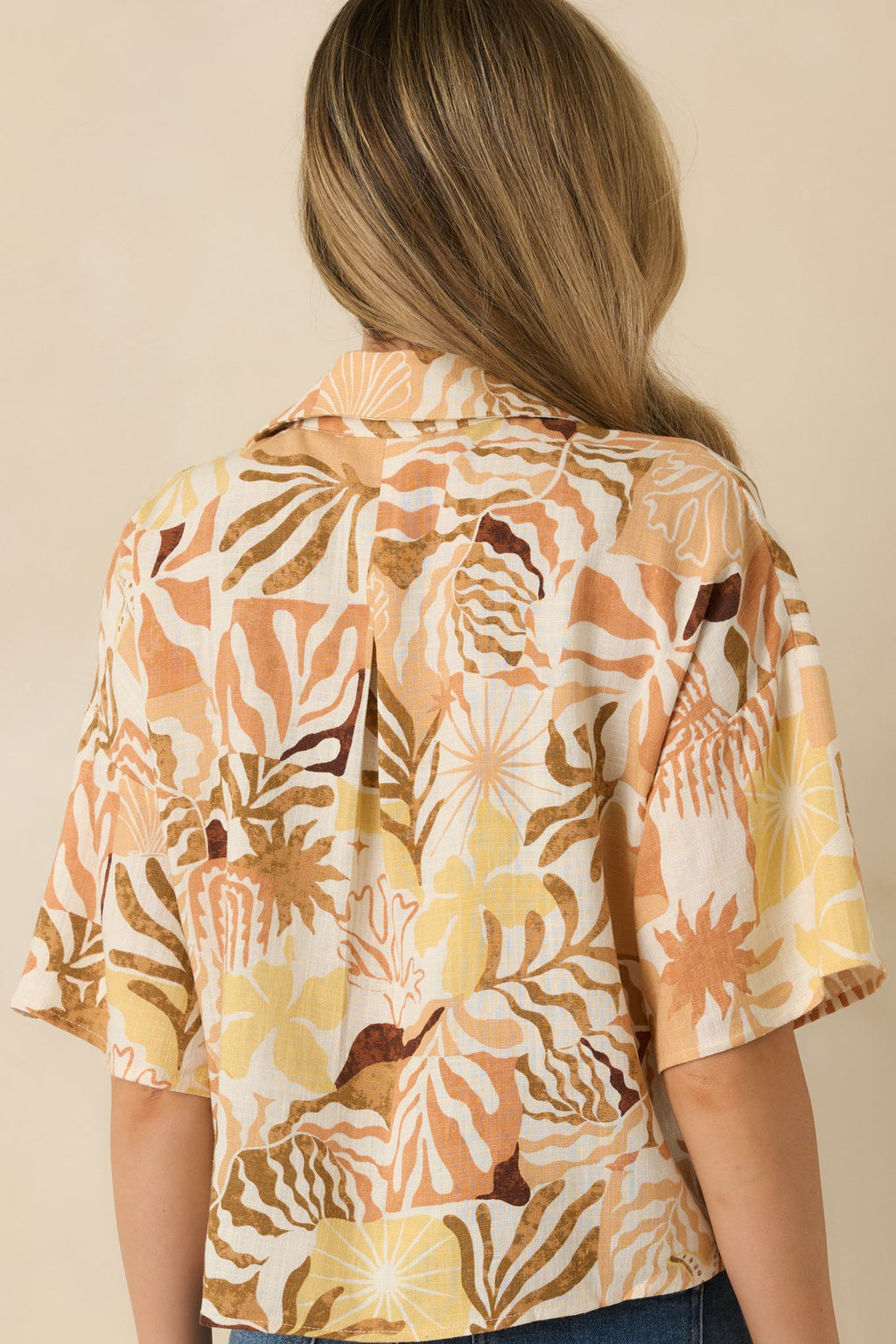 Say You Will Tan Multi Tropical Print Button Up Top