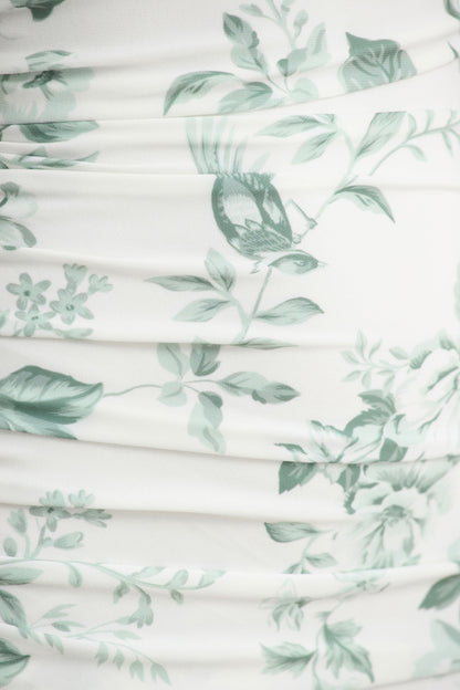 Clementina | Green Porcelain Print Asymmetric Cape Sleeve Maxi Dress