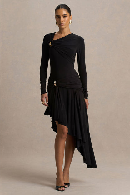Alexia | Black Asymmetric-Neck Maxi Dress With Gold-Details