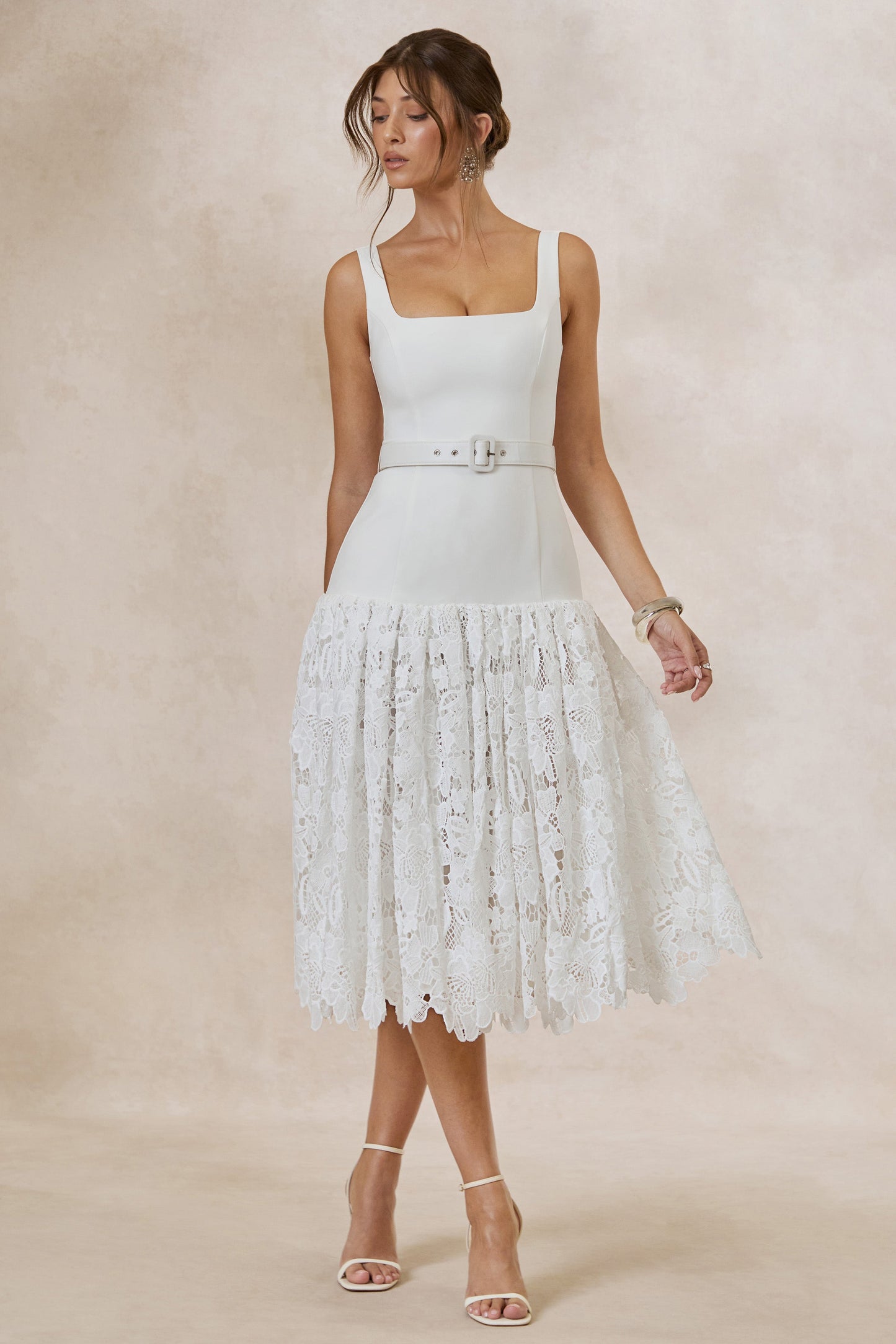 Norrie | White Lace Square-Neck Midi Dress With Voluminous Lace Skirt