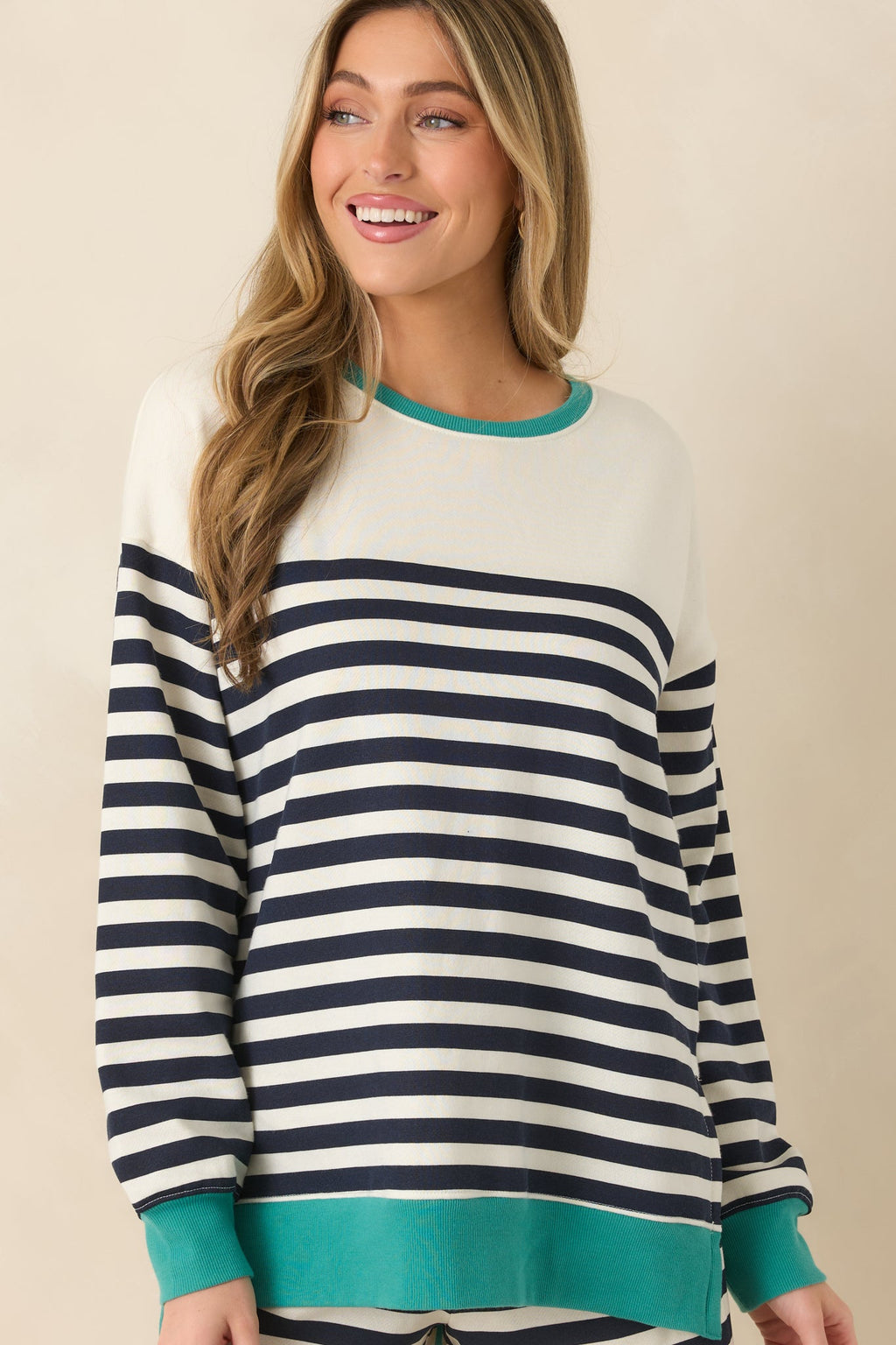 Z Supply Navy Cotton Blend Layer Up Stripe Sweatshirt