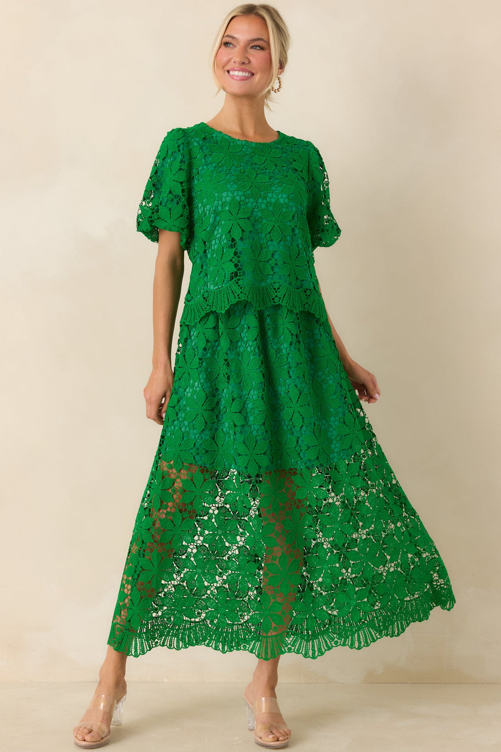 All the Attention Green Floral Lace Short Sleeve Top