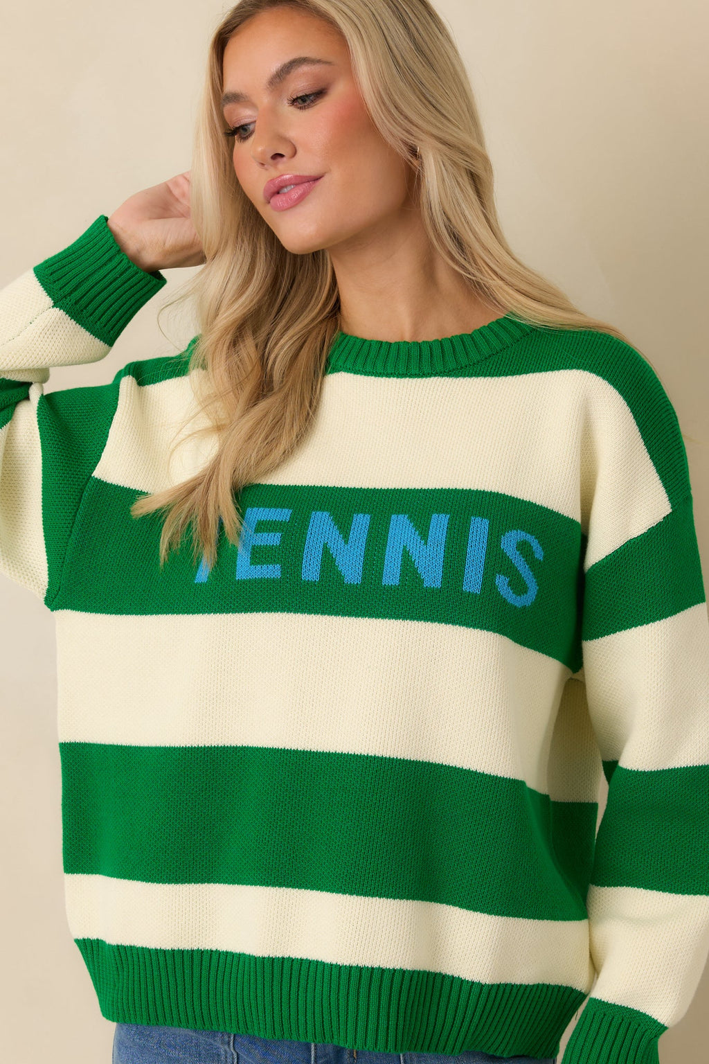 Courtside Classic Kelly Green Stripe Cotton Knit Tennis Sweater