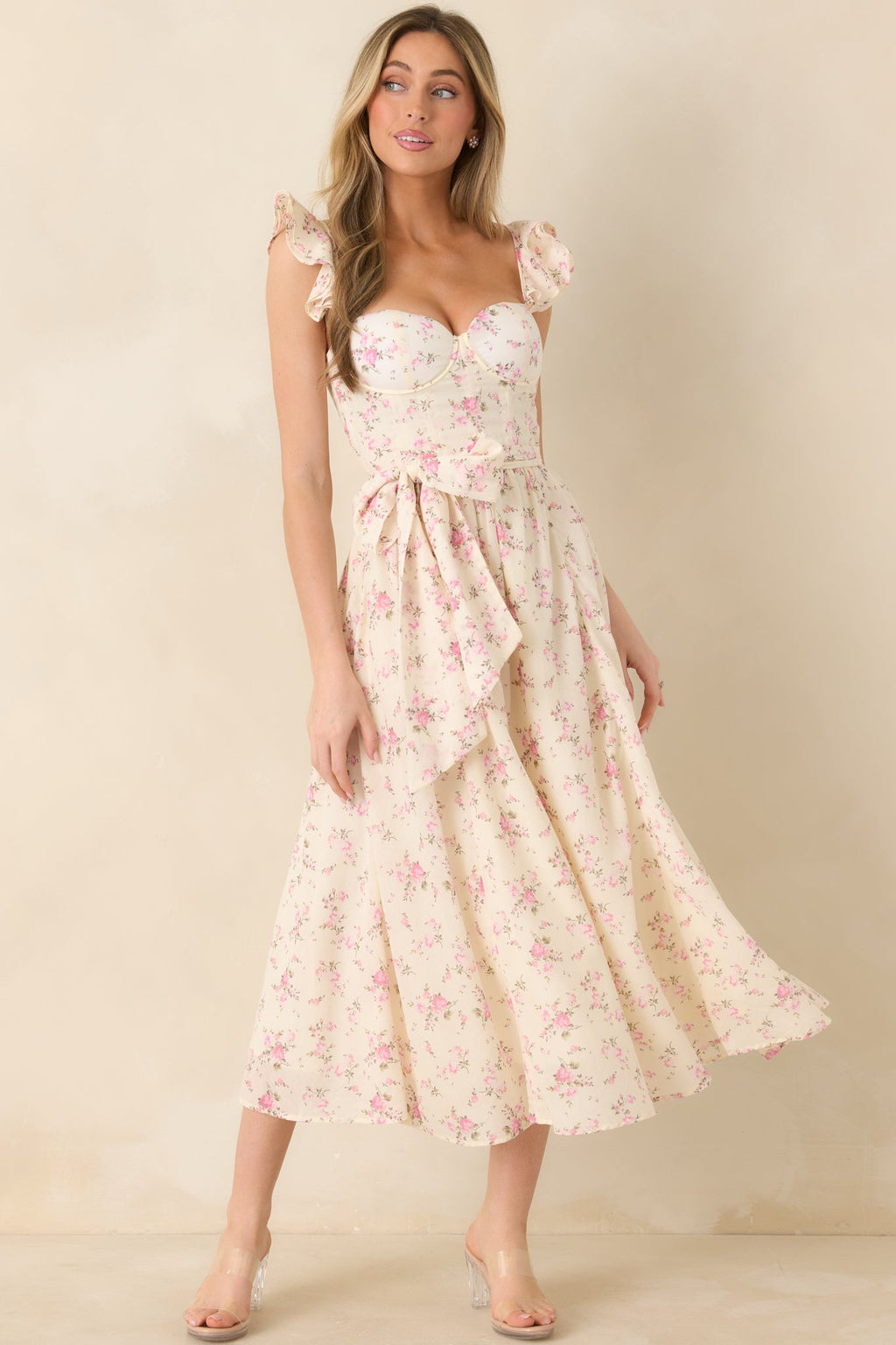 Gabrielle Light Pink Floral Cotton Bustier Midi Dress