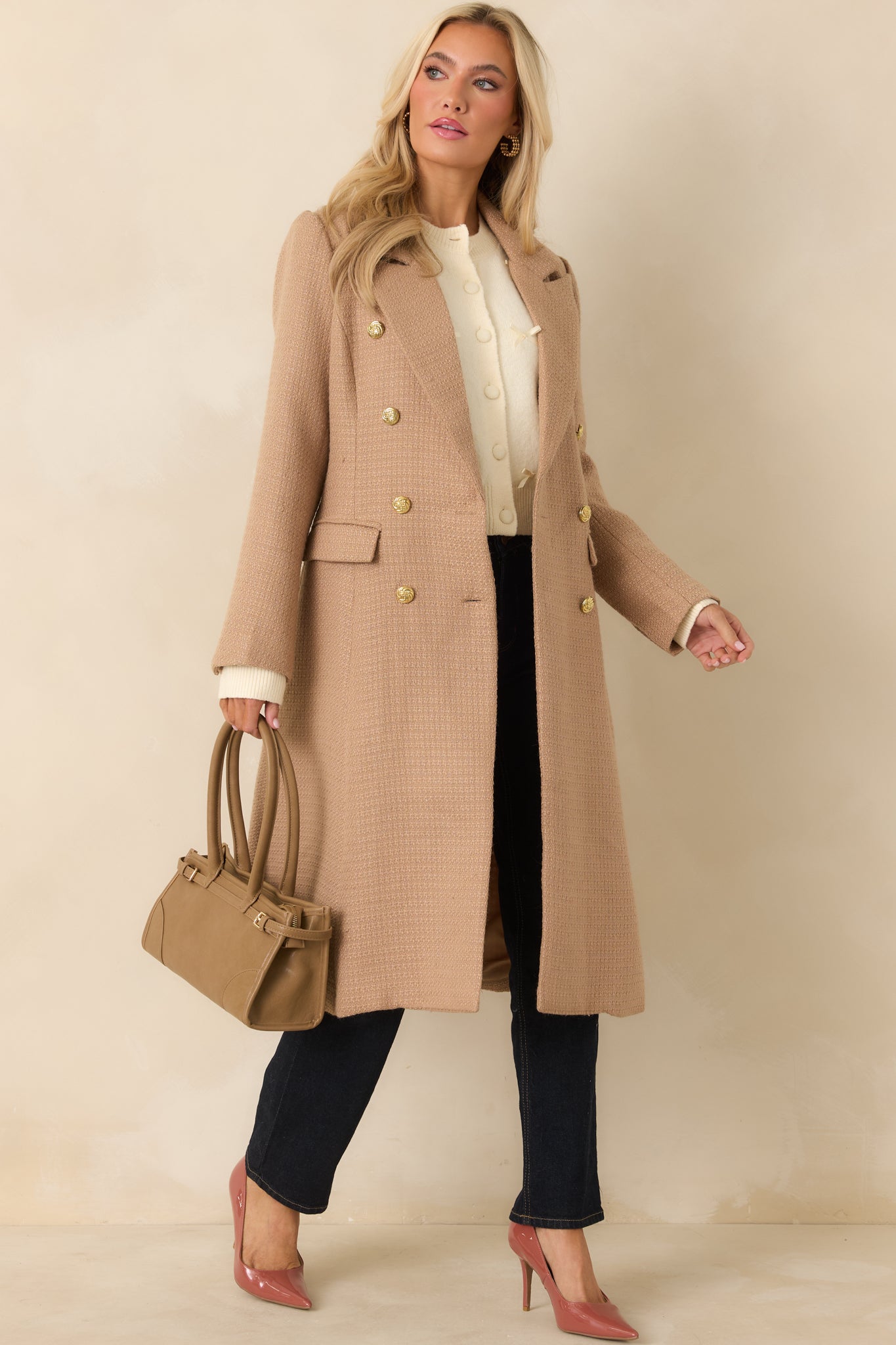 Get to It Camel Textured Woven Tailored Double-Breasted Topcoat