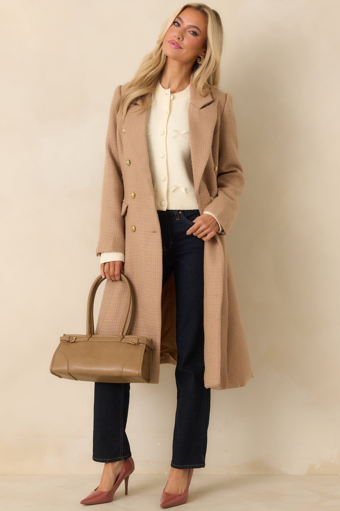 Get to It Camel Textured Woven Tailored Double-Breasted Topcoat